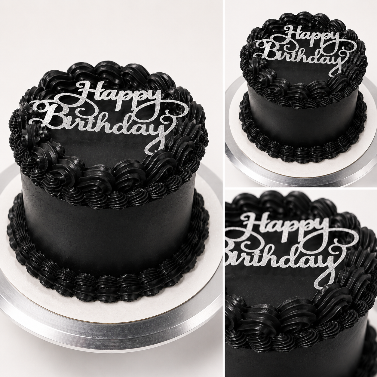 Black buttercream birthday cake with silver Happy Birthday topper