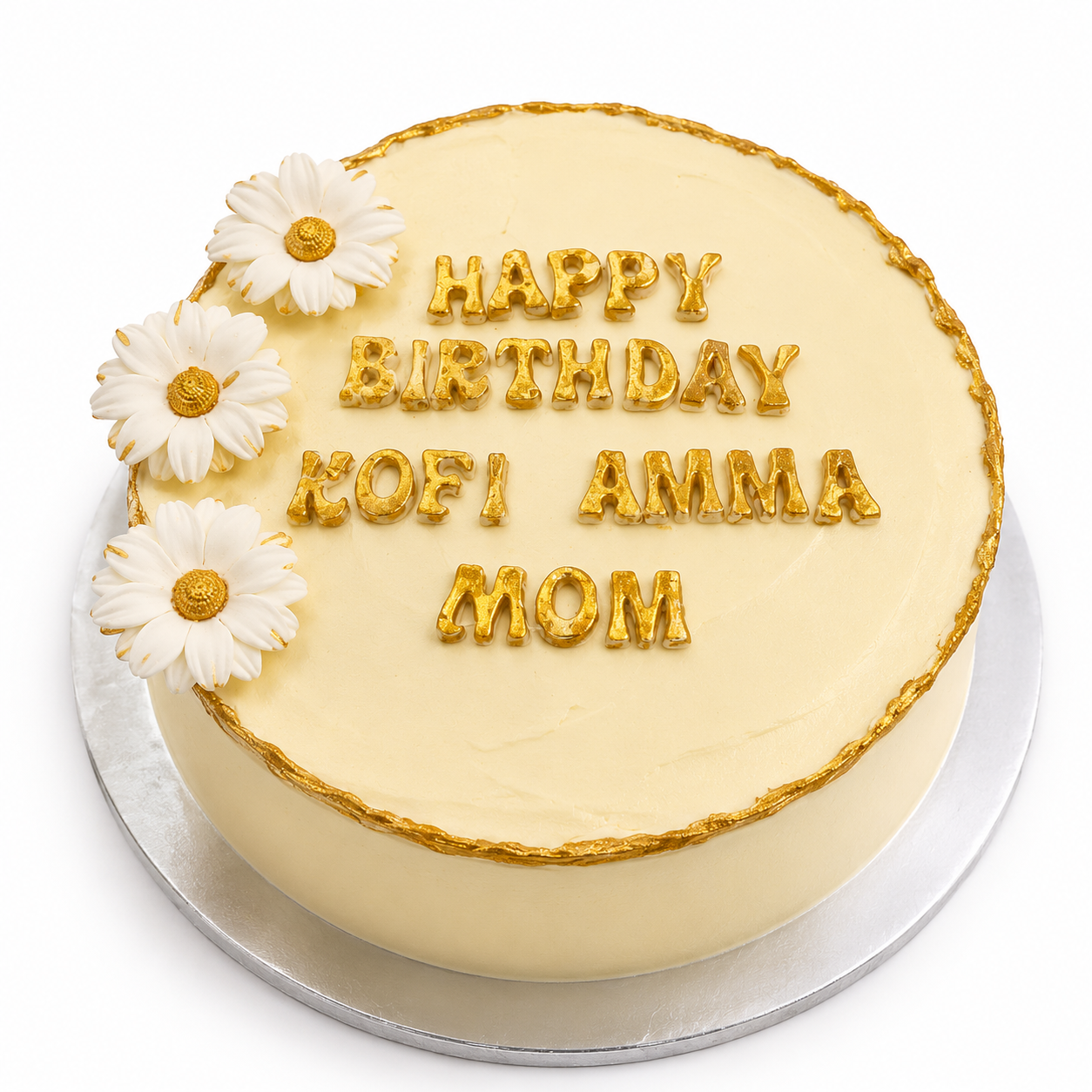 Ivory birthday cake with gold lettering and daisies
