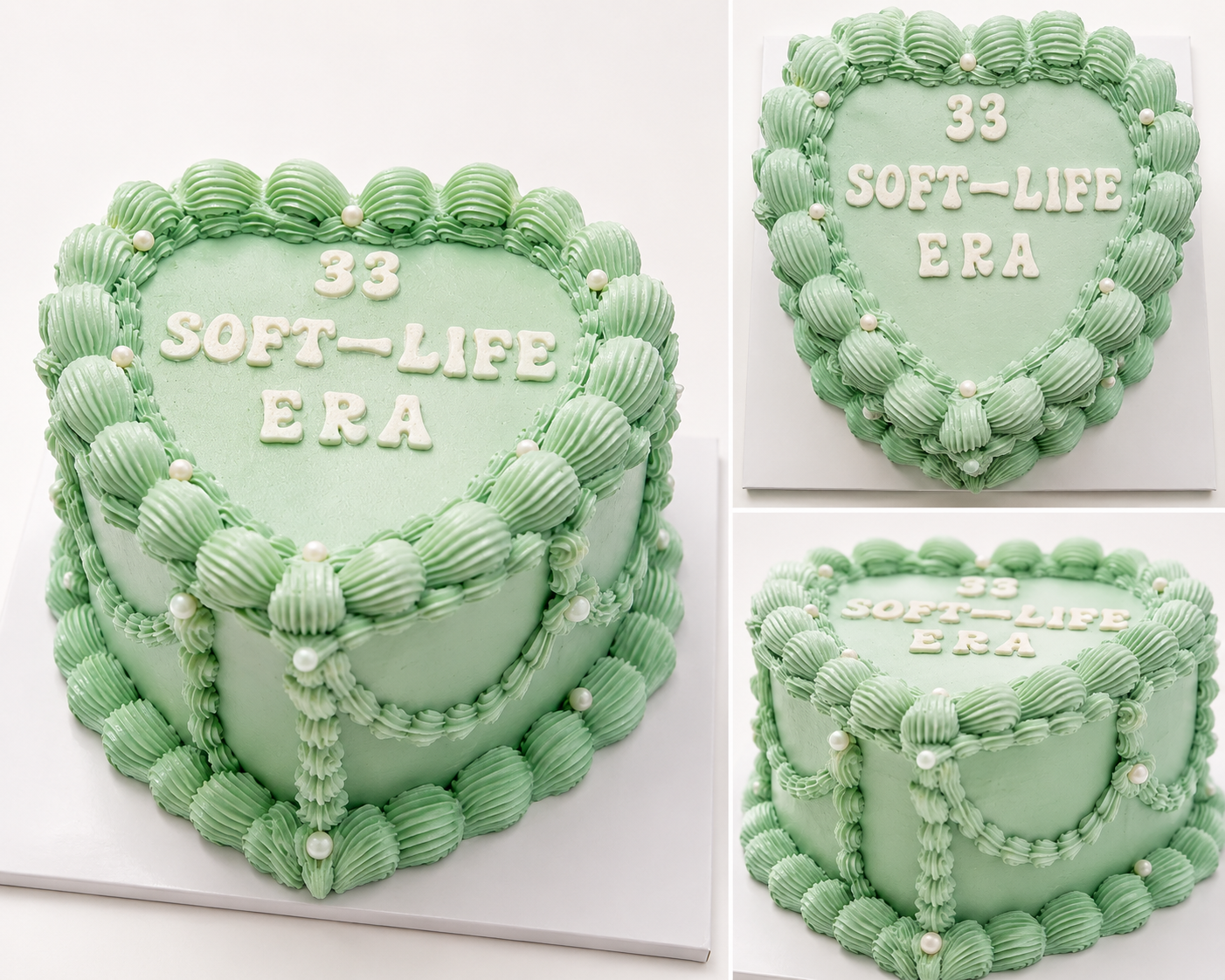 Mint green vintage heart cake reading 33 Soft-Life Era