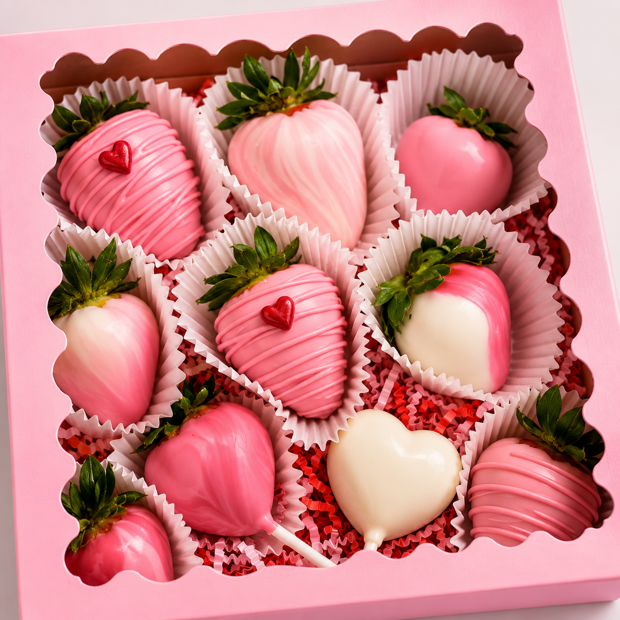 Pink and white chocolate-covered strawberries in a gift box