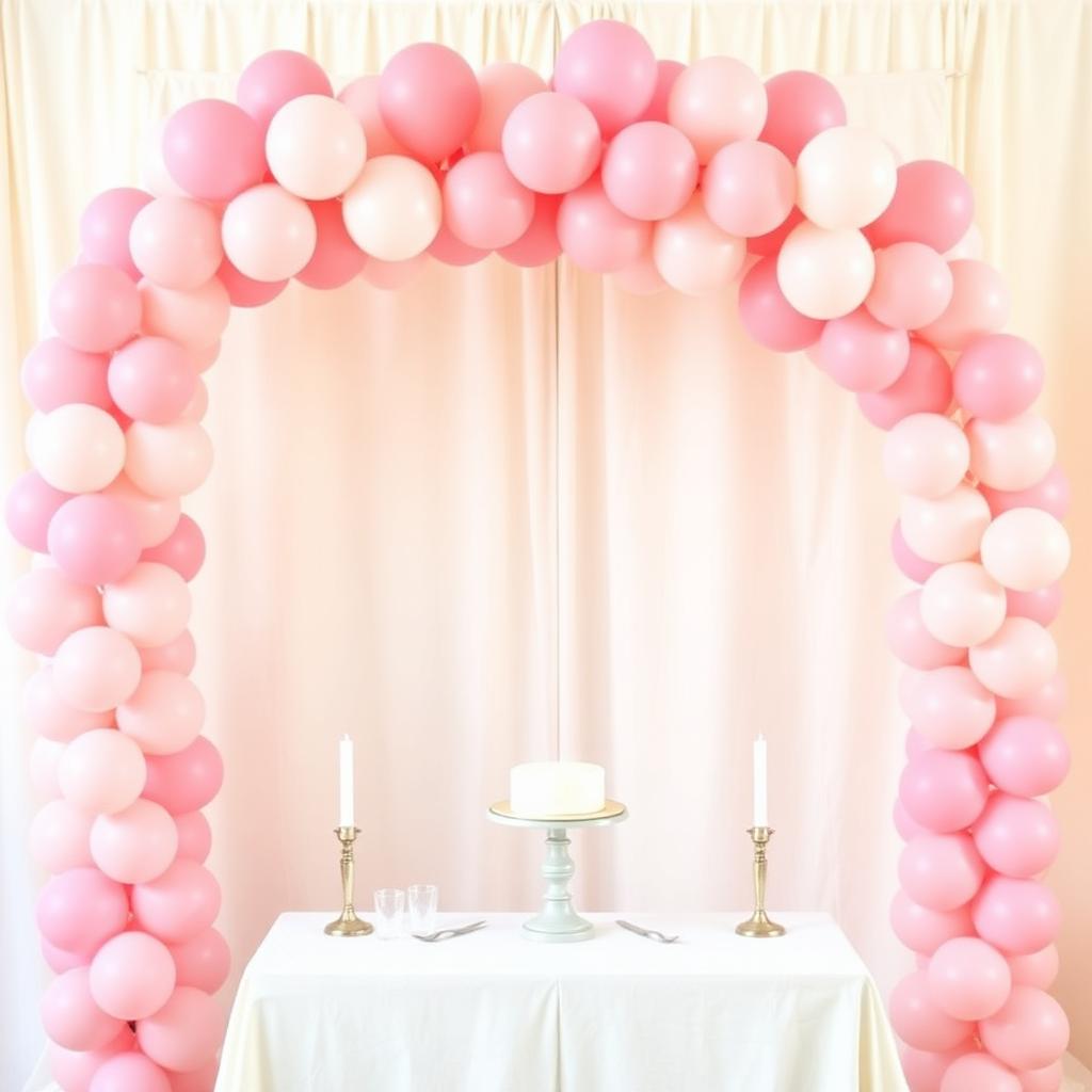 Pink balloon arch over a styled dessert table